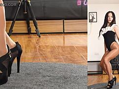 This Asian girl in pantyhose and leotard is practicing her dance moves casually.