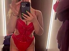 young woman uses toys for close-up play in outdoor public area.