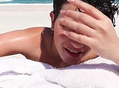 safada gives sloppy blowjob on beach in front of bathers, deepthroat hairy pussy