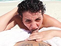 safada gives sloppy blowjob on beach in front of bathers, deepthroat hairy pussy