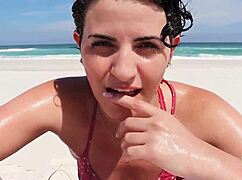 safada gives sloppy blowjob on beach in front of bathers, deepthroat hairy pussy