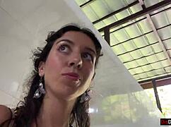 cum on face in public locker room, then cumwalk at the waterfall