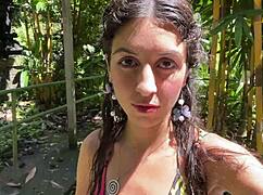 He blasts cum on her face in a public locker room then they do a cumwalk by the waterfall