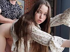 My stepsister casually agrees to sex on the floor with the brunette babysitter