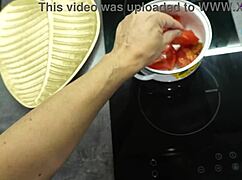 hubby films his mature wife getting fucked in the kitchen while wearing pantyhose