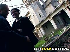 Fuck Outside in Cemetery! Small Brunette Fingered and Fucked Hard.