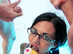 Tiny Asian babe drenched in cum from four cocks