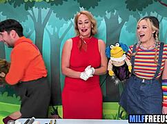 oh man that blonde milf and teen 18+ get free used in a ffm threesome on sesame street movie set with deepthroat face fucking...