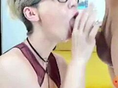 White girl performs sloppy deepthroat with spitting and facial in web chat for Milkybabes