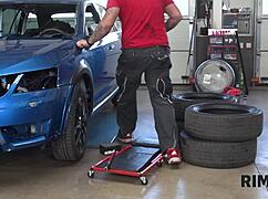 Big-Boobed MILF Bent Over In Repair Shop For Anus Licking Surprise