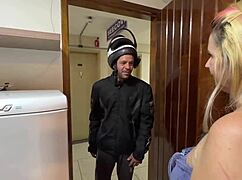 Delivery guy faces nympho housewife Tiffany Montavani with her fetish for motoboy spanking in the shower