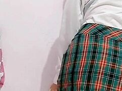 High school girls masturbate and orgasm, innocent student with big ass in uniform enjoys cock early, homemade