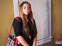 Petite blonde Madelyn fingers horny brunette Sofia's shaved pussy. They dive into intense cunilingus together.