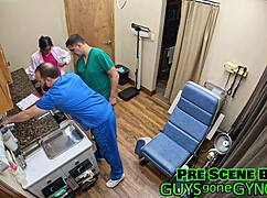 Canadian nurse in latex spreads for doctor during backstage examination