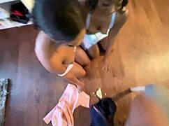 Oh man, these two sluts are going wild on that one big black cock, sucking and taking cumshots everywhere