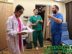 Canadian nurse in latex spreads for doctor during backstage examination