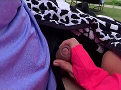 the milf grabs big cock for public beach handjob until cum explodes in close up pov action