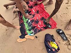 Nudist beach adventure turns into group fun.