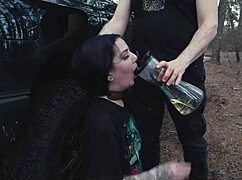 submissive cutie eats ass and piss at roadside picnic then gets rough face fucking
