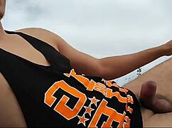 Guy spills milk on nude beach