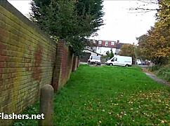 Blonde babe Jakki fingers herself nude in public