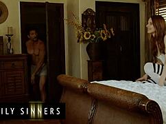 slender babe gets pounded in spooning on her bed by her handsome stepfather, emotions running high