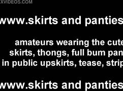 these tiny panties are a bit too small for the babe in the skirt