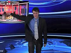 Brunette weather girl strips naked in public, teasing with her sexy body