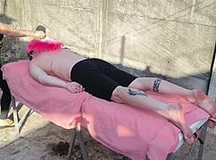 outdoor massage leads to bareback fucking with big cock