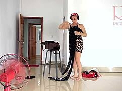 chick tries on linen and dresses at the resort