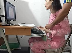 hey, my stepdad just barged in while i was working and spilled his load all over my pink pajamas in this homemade session