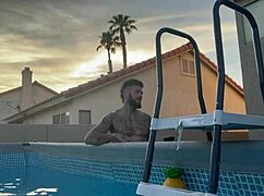 Teasing the pool boy with ass licking and blowjob in the backyard