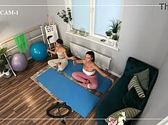 Inked yoga instructor in anal threeway with couple