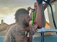 Teasing the pool boy with ass licking and blowjob in the backyard