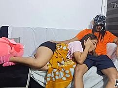 I have sex with my stepfather on the sofa, almost getting caught by my stepmother, loving daddy's cock