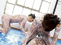 Creamy fighting and fucking with busty babes