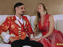 Busty Blonde Gargles Hard-On with Shaved Pussy in HD