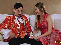 Busty Blonde Gargles Hard-On with Shaved Pussy in HD