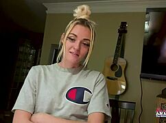 Petite inked blonde sassy rubs her juicy titties and finger fucks her twat