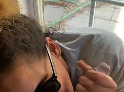 lightskin ebony step-sister gives blowjob by window, gets facial as boyfriend searches