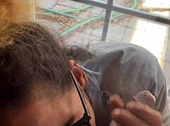 lightskin ebony step-sister gives blowjob by window, gets facial as boyfriend searches