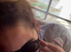 lightskin ebony step-sister gives blowjob by window, gets facial as boyfriend searches