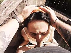 Risky outdoor facefuck and cum in throat, we did it at the hunting tower