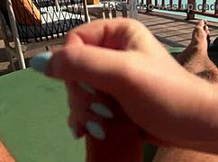 Hot Babe Gives Fast And Sloppy Handjob On The Terrace Over The Ocean P