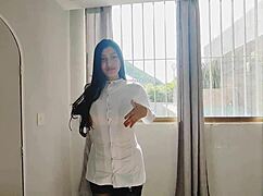 The stepsister dressed as a wicked nurse seduces her stepbrother in a hotel room, leading to intense fucking.