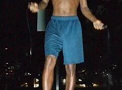 in the park, a cute brunette works out at the gym with her uncle