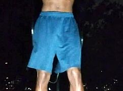 in the park, a cute brunette works out at the gym with her uncle