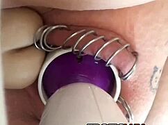 horny babe toys her pierced pussy with dildo