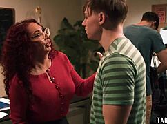 red mature teacher kiki daire gets double penetrated by her big cocked students in taboo threesome