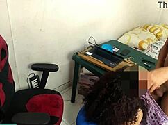 curvy brunette with curly hair gets taken in her office